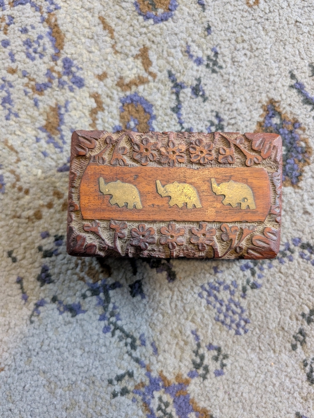 Darjeeling Leaf Tea Carved Wooden Box With Brass Elephant Inlay
